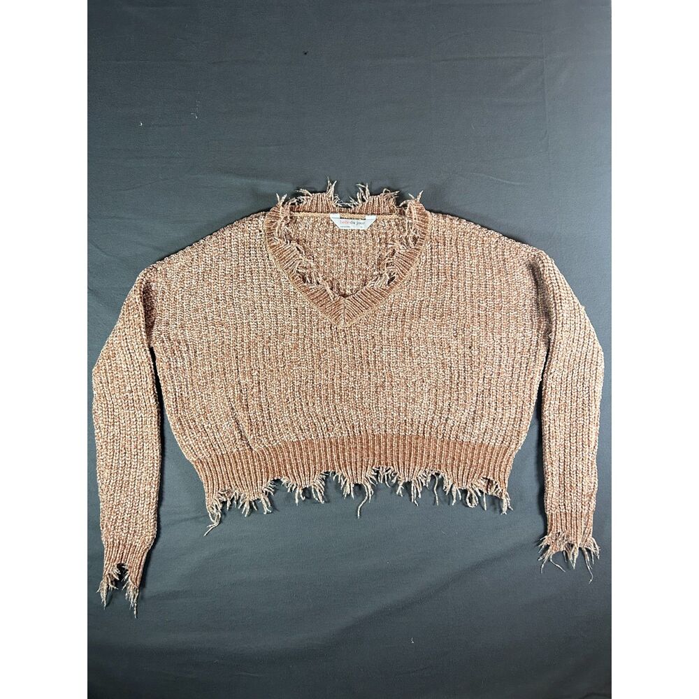 Belle Du Jour XS Chenille Distressed V-Neck Cropped Sweater Frayed Hem Tan Brown